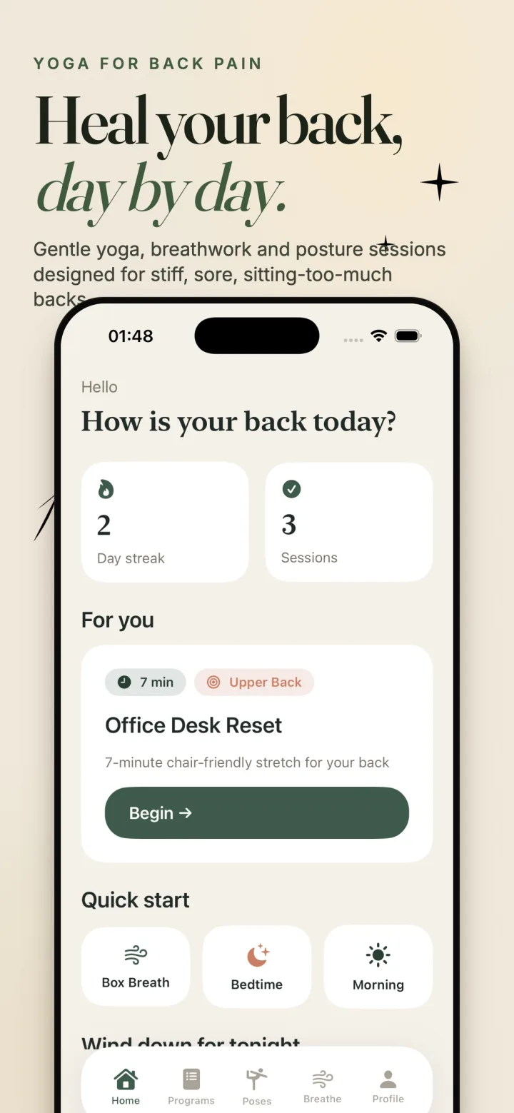 Yoga for Back Pain app home screen